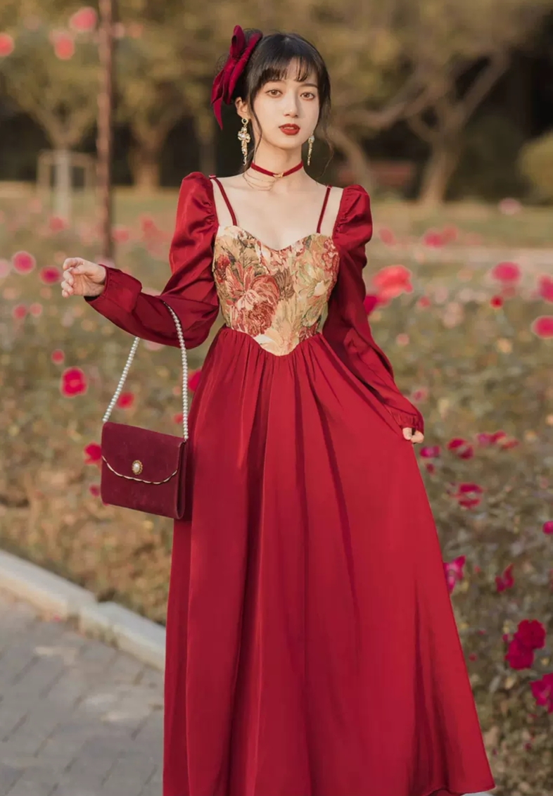 Đầm đỏ ren chân váy - Sò Vintage - DAG195 - Tiệm Thanh Xuân